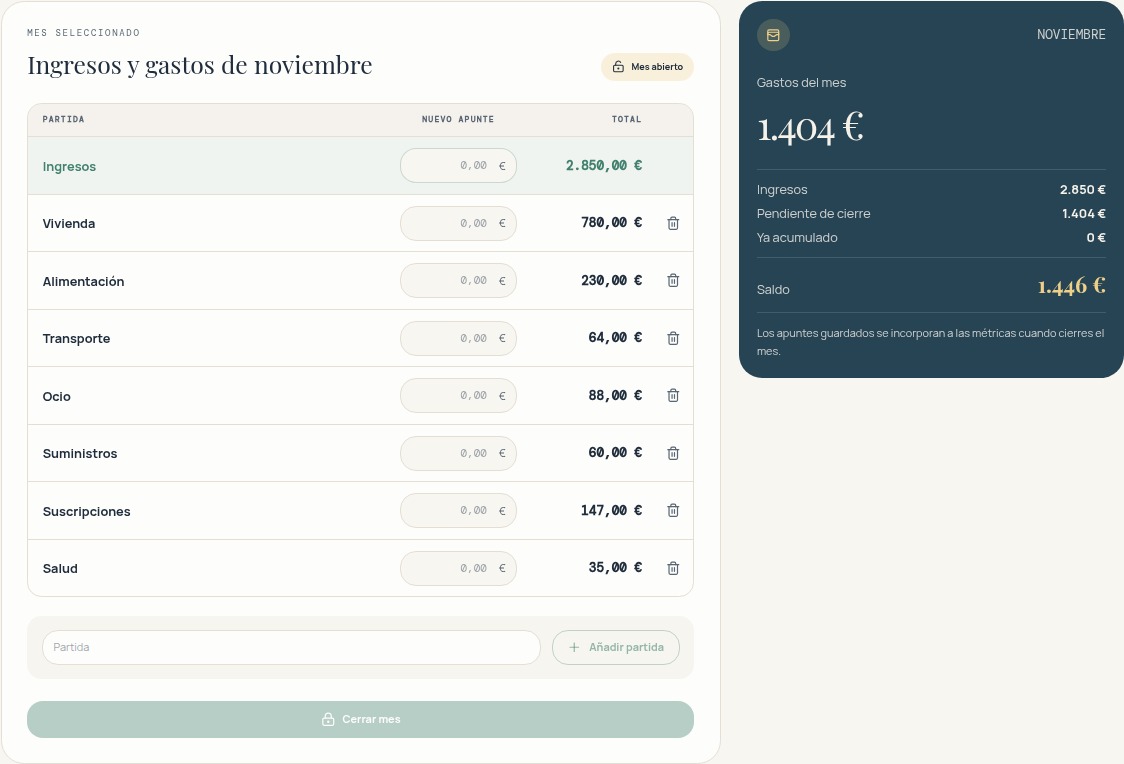 Pantalla real de Ingresos y Gastos de la demo de VestFin: un único total de ingresos, categorías de gastos y saldo mensual.